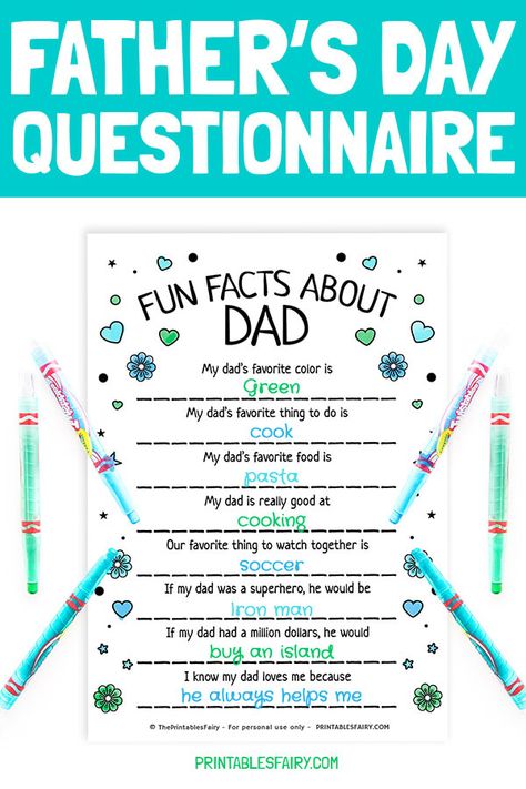 Fun and free printable Father's Day questionnaire for kids. Perfect to celebrate dad on this special day! Fathers Day Kids Questionaire, Father's Day Questionnaire For Kids, Dad Questions For Kids Printable, Fathers Day Questionnaire Preschool, Father’s Day Questions Preschool, Father’s Day Kids Survey, Father's Day Questions For Preschoolers, Dad Interview For Kids, Father’s Day Questions For Kids