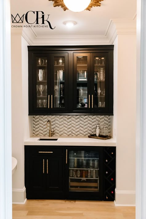 Wet bar with small sink, beverage fridge and wine bottle storage Kitchen Wet Bar Beverage Center, Small Bar Area With Sink, Wet Bar Ideas With Sink Small Spaces, Small Wet Bar With Sink, Wet Bar Ideas Small Spaces, Wet Bar Bedroom, Small Whiskey Bar, Built In Bar Nook In Living Room, Black Wet Bar Ideas