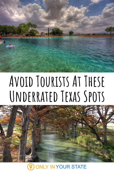 We've got so many can't miss destinations and attractions in Texas and they're all worth a visit, but sometimes you want to avoid the crowds. These terrific alternatives are less popular among tourists but just as amazing. | Canyons | Caverns | Beaches | Adventures | Day Trips | Natural Swimming Holes | State Parks | Hiking | Outdoors | Nature | Family Fun Texas Travel Weekend Getaways, Jacobs Well, Texas Adventure, Texas State Parks, Visit Texas, Texas Places, Texas Vacations, Texas Travel, Texas State