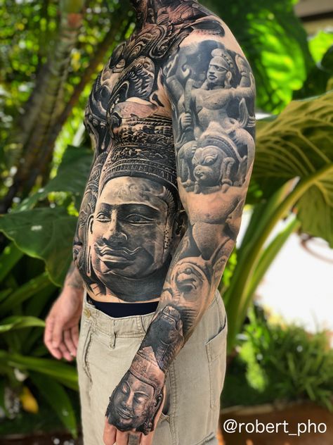 Khmer Tattoo Ideas, Cambodian Tattoo Khmer, Traditional Khmer Tattoo, Cambodian Temple Tattoo, Khmer Sleeve Tattoo, Khmer Tattoo, Black Art Tattoo, Black And Grey Tattoos, Sleeve Tattoos