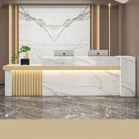 Main Counter Design For Shop, Medical Spa Reception Areas, Counter Reception Design, Shop Counter Design Modern, Reception Desk Design Office, Shop Ceiling Design, Front Office Design, Clinic Reception Desk, Luxury Reception Design