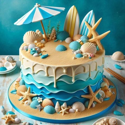 Seaside Cake Ideas, Sea Theme Cake Ocean, Beach Themed Cake Ideas, Beach Party Cake Ideas, Birthday Cake Ocean Theme, Beach Theme Cakes Birthday, Beach Cake Birthday, Beach Theme Cakes, Ocean Beach Cake