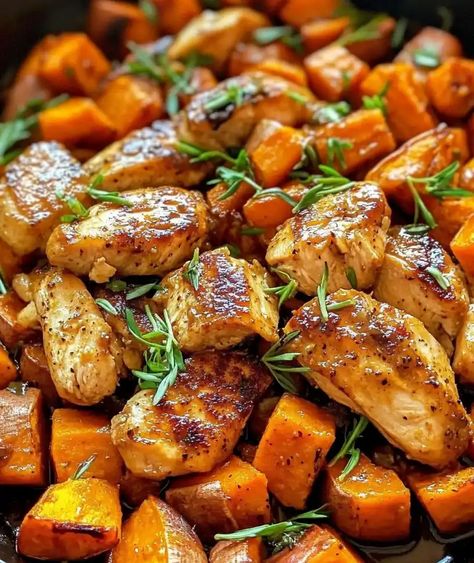 One-Pan Chicken and Sweet Potato Skillet Chicken And Sweet Potato Recipe Crockpot, Sweet Potato Skillet Recipes, Chicken And Sweet Potato, Potato Skillet, Sweet Potato Skillet, One Pan Chicken, Pan Chicken, Healthy Dishes, Shredded Chicken