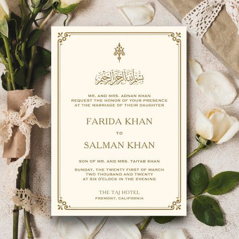 $2.95 | Traditional Cream and Gold Border Islamic Wedding - muslim, wedding, nikah, bismillah, walima, elegant, simple, ivory, beige, arabic Katb Ketab Invitations, Simple Wedding Cards, Wedding Invitation Stationary, Muslim Wedding Invitations, Digital Invitations Wedding, Wedding Certificate, Wedding Muslim, Traditional Wedding Invitations, Arab Wedding