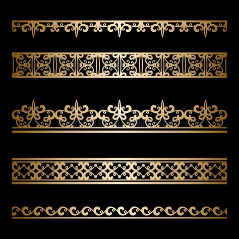 Gold border set. Set of vintage gold borders, ornamental lines isolated on black #Sponsored , #Sponsored, #Advertisement, #set, #Gold, #border, #Set Vintage Borders, Embroidery Template, Floral Border Design, 카드 디자인, Gold Border, Vintage Frame, Lasercut Design, Decorative Panels, Ornaments Design