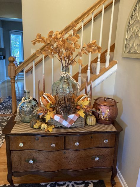 European Farmhouse Fall Decor, Fall Decor For Buffet Table, Fall Sideboard Decor, Fall Buffet Table Decor, Fall Decor Ideas For The Home Farmhouse, Fall Decor Entryway Table, Fall Buffet Decor, Fall Entryway Table Decor, Vintage Fall Decor