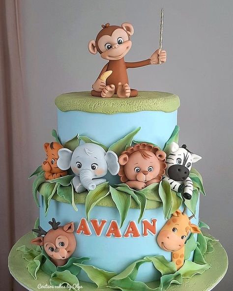 Little jungle by Couture cakes by Olga Jungle Themed Cake, Jungle Birthday Cakes, Cars Theme Cake, Jungle Theme Cakes, Boys 1st Birthday Cake, Baby Boy Birthday Cake, Animal Birthday Cakes, Jungle Cake, Safari Cakes