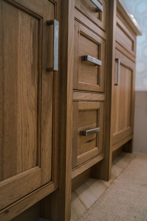 Hickory Bathroom Vanity - Crystal Cabinets   Driftwood w VanDyke Brown highlights    Color?  Back line Hickory Bathroom Cabinets, Stained Shaker Cabinets Kitchen, Stained Hickory Kitchen Cabinets, Hickory Bathroom Vanity, Hickory Bathroom, Stained Hickory Cabinets, Rustic Hickory Cabinets, Craftsman Style Bathroom, Shaker Cabinets Kitchen