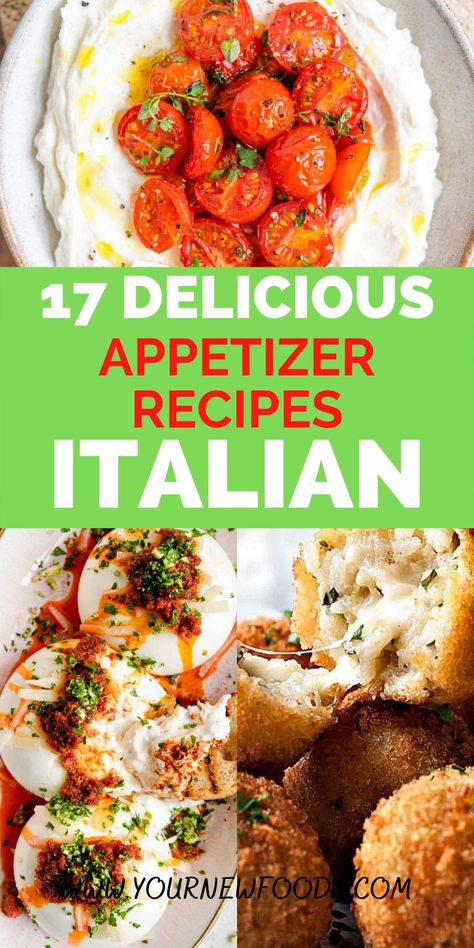 17 Delicious Italian Appetizer Recipes. Choose from these 17 Delicious Italian appetizer recipes. The perfect food to start a meal or party. Which appetizer is your favorite? Italian Appetizers Party, Italian Appetizer Recipes, Italian Food Party, Italian Appetizers Easy, Italian Entrees, Italian Snacks, Italian Recipes Appetizers, Italian Appetizer, Italian Antipasto