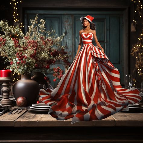 This centerpiece captures the essence of the holiday season with stunning precision. She's elegantly adorned in a red and white holiday dress.  The woman's form is expertly crafted from premium cardstock and Styrofoam, lending her a sense of texture and depth that is truly enchanting. Her dress is a striking focal point, boasting a classic holiday color palette that immediately draws the eye. The red and white stripes wrap around her figure, creating a vibrant and visually appealing contrast. To Elegant Christmas Table Settings, Classy Christmas Decorations, Christmas Tablescapes Elegant, Red Tablescape, Christmas Couture, Christmas Dining Table Decorations, Christmas Party Centerpieces, Red And White Christmas Decor, Elegant Christmas Centerpieces