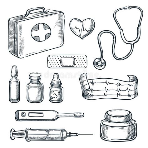 First aid kit sketch illustration. Medicine and healthcare hand drawn icons and design elements stock illustration Medical Doodles Hand Drawn, Easy Medical Drawings, Medical Kit Drawing, First Aid Kit Illustration, Medicines Drawing, Health Design Ideas, First Aid Poster Drawing, Healthcare Doodles, Emt Drawing