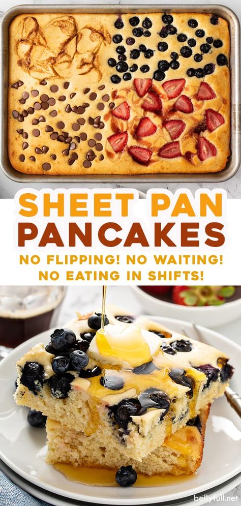 Breakfast just got a lot easier and faster with these Sheet Pan Pancakes! Same great flavor and texture, but no more waiting, flipping, and family members eating in shifts. It’s the best thing since sliced bread. Sheet Pan Pancakes, Pan Pancakes, Baked Pancakes, Pancake Breakfast, Sheet Pan Dinners Recipes, Holiday Morning, Sheet Pan Meals, Family Breakfast, Tasty Pancakes