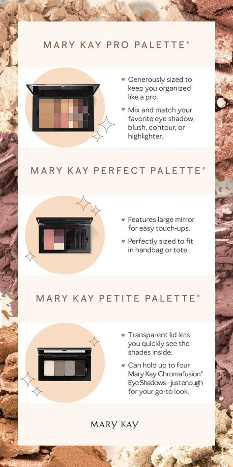 Customize your makeup palettes with Mary Kay favorites. Plus, choose between three different sizes that fit your every beauty need. Mary Kay Palette Ideas, Mary Kay Eyeshadow Palette, 30 Faces In 30 Days Mary Kay, Mary Kay Instant Puffiness Reducer, Mary Kay Seminar 2023, Mary Kay Party Ideas Themes, Mary Kay New Products 2023, Mary Kay Before And After Pictures, Mary Kay Eye Shadow Pallets