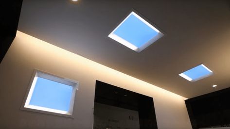 Mitsubishi built a fake skylight that might come close to the real thing Fake Skylight, Large Building, Fine Living, Modern Cottage, Office Lighting, Ceiling Panels, Luz Natural, Board Design, Led Ceiling