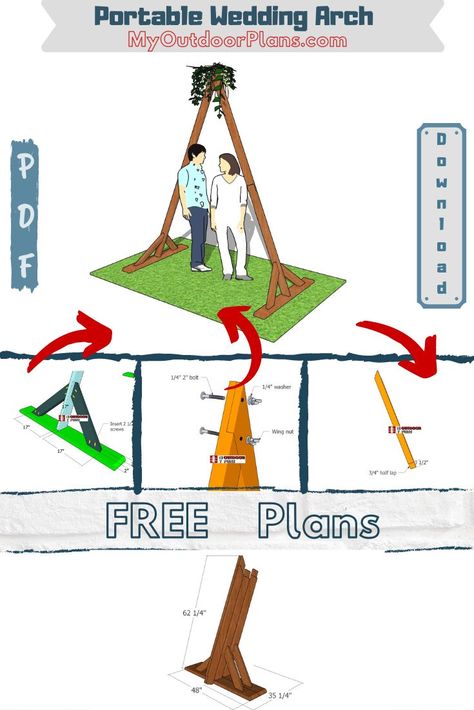 I have designed this cool portable wedding arch so you can create a bohem athmosphere at any place you want. Everything is built sturdy so you can assemble and dissamble the arch whenever you want. Full Cut and Shopping lists included in the PDF plans. #wedding #weddingarch #weddingarbor How To Build A Triangle Wedding Arch, Diy Triangle Wedding Arch Plans, How To Build A Wedding Arch Diy, Portable Wedding Arch, Build Wedding Arch, How To Build A Wedding Arch, Diy Triangle Wedding Arch, Diy Triangle Arch, A Frame Wedding Arch