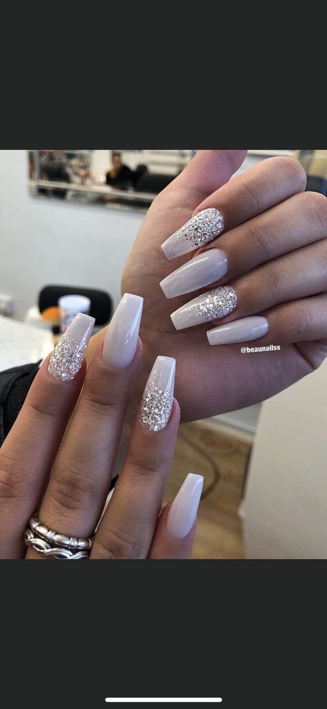 White Acrylic Nails With Glitter, Nails Acrylic White, Homecoming Nails Acrylic Short, Nails Acrylic Short, Engagement Nails, Glitter Nails Acrylic, White And Silver Nails, Graduation Nails, Formal Nails