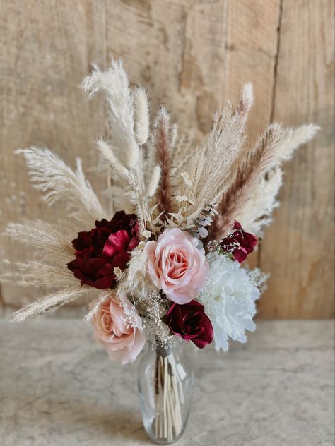 Mauve And Pampas Grass Wedding, Pampas Grass Wedding Colors, Red Rose And Pampas Bouquet, Pampas Grass And Rose Bouquet, Burgundy And Blush Boho Wedding Flowers, Burgundy And Pampas Grass Bouquet, Burgundy Pampas Grass Wedding, Burgundy And Pampas Wedding, Pampas Grass Wedding Flowers