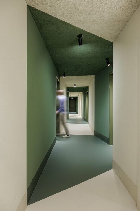 Studio Entrance, Office Corridor Design, Green Corridor, Hotel Corridor, Retro Armchair, Corridor Design, Mid Century Modern Interiors, Fire Doors, Private Room