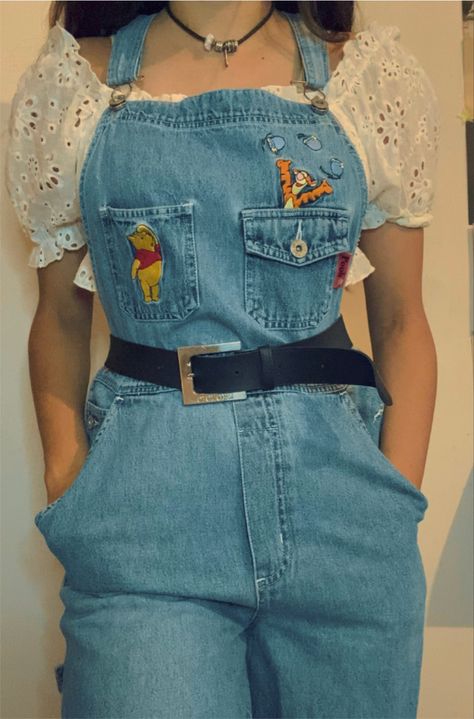 #overalls #outfits #disney #winniethepooh #aesthetic #clothing #outfits #thrifted #kawaii Winnie The Pooh Overalls Outfit, Fun Overalls Outfit, Patches On Overalls, Winnie The Pooh Inspired Outfits, Short Overalls Outfit Aesthetic, Embroidery Overalls, Lounge Wear Linen, Disney Overalls, Overalls Outfit Short