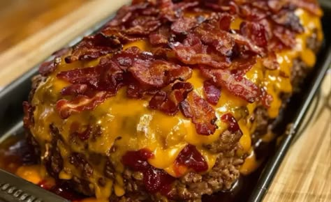 Bacon Cheeseburger Meatloaf takes the classic flavors of a juicy cheeseburger and transforms them into a hearty and satisfying meatloaf. With savory g... Bacon Cheddar Meatloaf, Cheeseburger Meatloaf Recipes, Bacon Cheeseburger Meatloaf, Cheeseburger Meatloaf, Meatloaf Ingredients, Fall Meals, Classic Meatloaf Recipe, Grandma Cooking, Classic Meatloaf