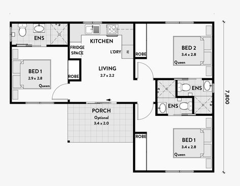 Flat Plan 3 Bedroom, L Shaped House Plans 2 Bedroom, 3 Bedroom Granny Flat Plans, Summer House Layout, Flat Floor Plan, Granny Flats Australia, Granny Flat Plans, L Shaped House Plans, 2 Bedroom Floor Plans