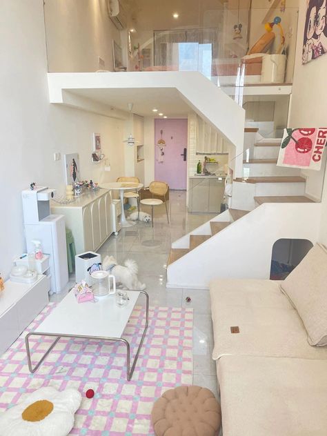 Loft Aesthetic Apartment, Loft Room Aesthetic, Cute Loft Apartment, Kpop House, Loft Apartment Aesthetic, Korean House, Loft House Design, Tiny House Village, Cool Room Designs