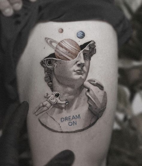 Greek Sculpture Tattoo Design, Dream On Tattoo, Time Flies Tattoo, Introvert Tattoo, Michelangelo Tattoo, Antique Tattoo, David Tattoo, Space Tattoos, Tattoo 2023