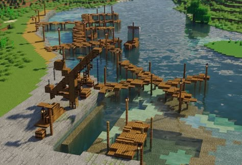 Minecraft Medieval City House, Minecraft Pirate Ship House, Minecraft Lighthouse Interior, Minecraft Medieval Shipyard, Small Dock Minecraft, Minecraft River Design, Minecraft Medieval Harbour, Minecraft Pirate Village, Minecraft Docks Ideas