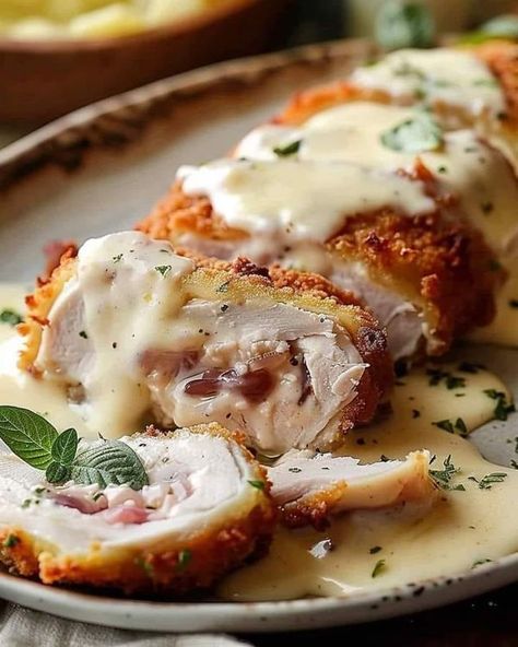 Swiss Cheese Sauce Recipe, Air Fryer Chicken Cordon Bleu, Swiss Cheese Sauce, Valerie Bertinelli Recipes, Baked Chicken Cordon Bleu, Crispy Chicken Breast, Ham And Swiss, Chef Gordon, Chef Gordon Ramsay