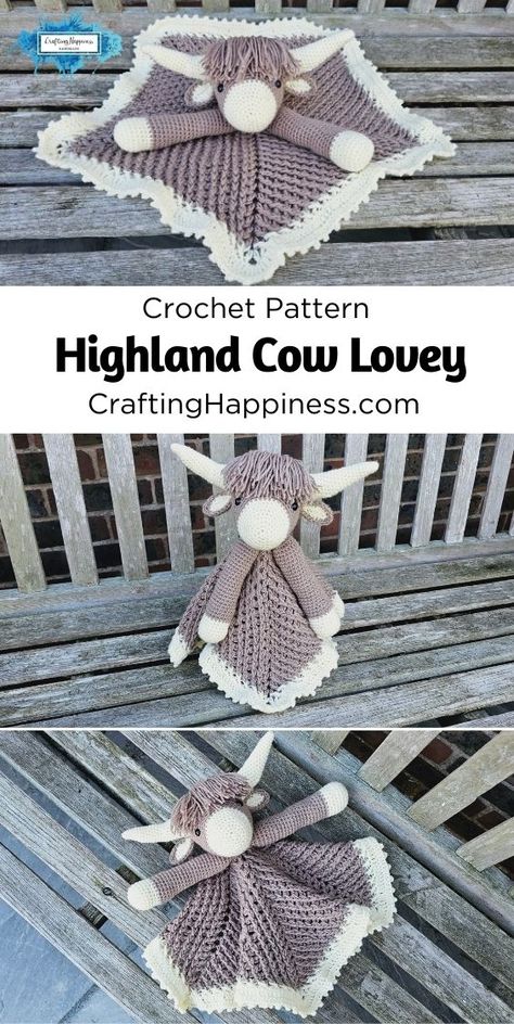 Highland Cow Lovey is designed to match the 3in1 Highland Cow Baby Blanket. Crochet Pattern by Crafting Happiness. Highland Cow Snuggler Crochet Pattern, Crochet Highland Cow Free Pattern, Highland Cow Lovey, Cow Baby Blanket, Cow Lovey, Crochet Lovey Free Pattern, Crochet Craft Fair, Highland Cow Baby, Crochet Stitches Symbols