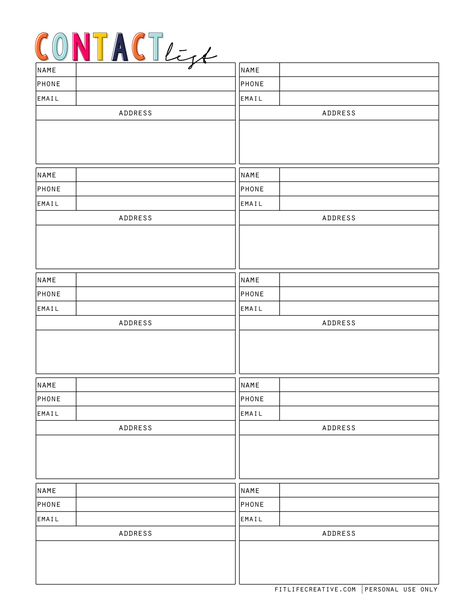 Contact List Printable Free, Address Book Template, Life Management Binder, Free Planner Inserts, Emergency Contact List, Volleyball Coaching, Medical Binder, Family Binder, Planning System