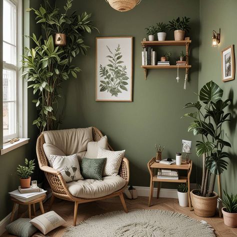 Boho Greenery Living Room, Emerald Green Small Living Room, Wall Colors For Plant Room, Earthy Green Walls, Living Room Green Aesthetic, Plant Cozy Room, Green Wall Green Couch, Green Reading Corner, Reading Corner Plants