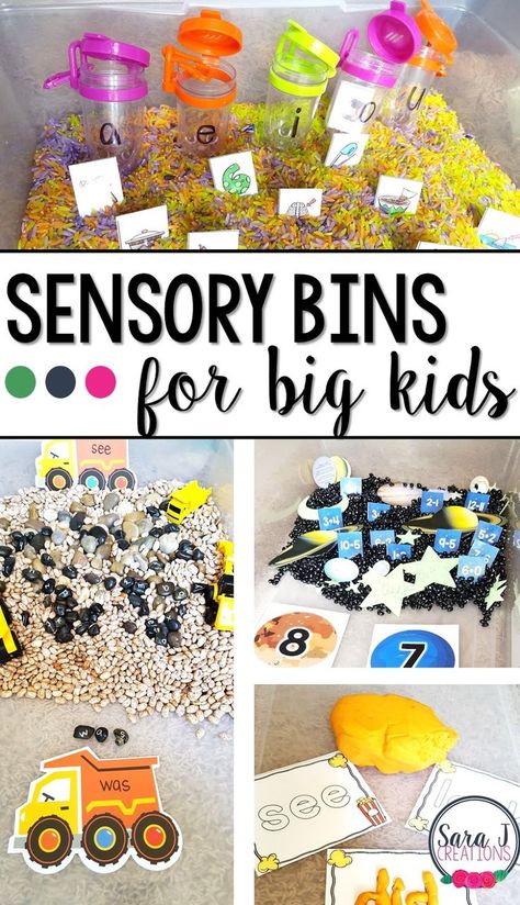 Sensory Bins for big kids is a great gift idea to bring sensory activities to kids in kindergarten and older. Combine it with some letter, number and sight word practice for an extra educational boost! Sensory Bin Center Kindergarten, Classroom Sensory Bin Ideas, Sensory Bin Gift Ideas, Sensory Tables For Kindergarten, Sensory Table For Kindergarten, First Grade Sensory Activities, Money Sensory Activities, Kindergarten Sensory Bins Learning, September Sensory Bin Kindergarten