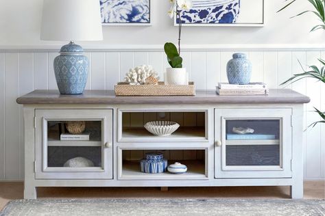 Tv Cabinet Ideas, Upcycled Cabinet, Rock Retaining Wall, Hamptons Style Home, Diy Wainscoting, Tv Cabinet Design, Update Cabinets, Blue Living Room Decor, Old Cabinets