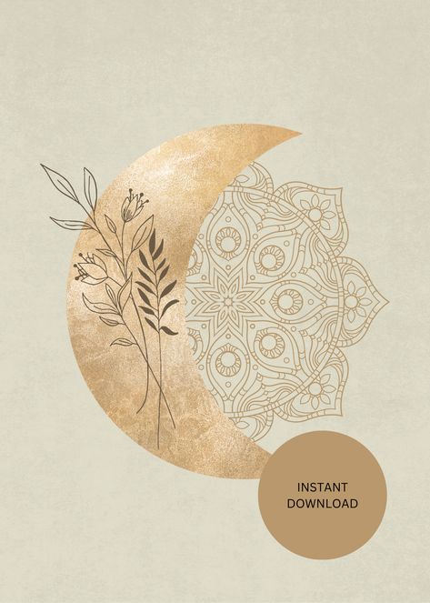 Gold colored moon with botanical overlay and pretty mandala design Gold Mandala Art, Entryway Flowers, Boho Celestial, Celestial Elements, Boho Branding, Boho Moon, Gold Mandala, Neutral Boho, Mandala Design Art