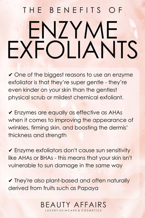 Why use enzyme exfolation? When you look at enzymes vs. AHAs, there are some enzyme exfoliator benefits that you might prefer to other chemical exfoliants. Read about the benefits of Enzyme Exfoliation here Enzyme Peel Benefits, Enzyme Facial Benefits, Formulating Skincare, Chemical Peel Benefits, Enzyme Exfoliator, Esthetics Business, Esthetician Skincare, Esthetician Quotes, Beauty Skin Quotes