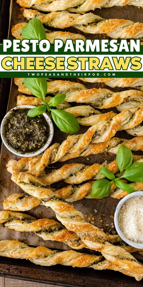 Looking for an easy Superbowl recipe? These Pesto Parmesan Cheese Straws are flaky, delicious puff pastry cheese straws with only four ingredients! These football appetizers make a great addition to your Gameday menu ideas. Pin this! Puff Pastry Cheese Straws, Pesto Appetizers, Puff Pastry Cheese, Puff Pastry Recipes Appetizers, Cheese Straws Recipe, Puff Pastry Recipes Savory, Gameday Food, Puff Pastry Twists, Savory Puff Pastry