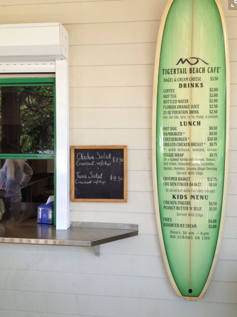 Surfboard sign Beach Bar Menu Design, Surf Cafe Design, Beach Bar Decoration, Beach Menu Ideas, Beach Bar Design Ideas, Beach Bar Ideas, Surfer Clothes, Florida Orange Juice, Surf Bar