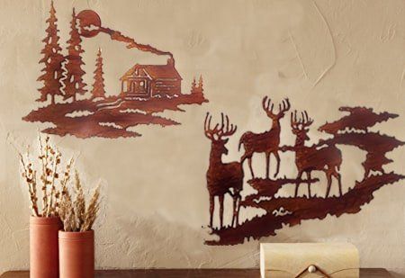 Lake House Decor - Wilderness Scene - Cabin and Deer Metal Wall Art with Set (2 Pieces Included Along with Gift Box) - Rustic Cabin Lodge Mountain Deer Decor. * Find out more details by clicking the image : Home Decor Sculptures Wall Decor Amazon, Woodland Cabin, Unique Metal Wall Art, Cabin Wall Art, Cabin Wall Decor, Log Cabin Furniture, Theme Nature, Deer Decor, Collections Etc