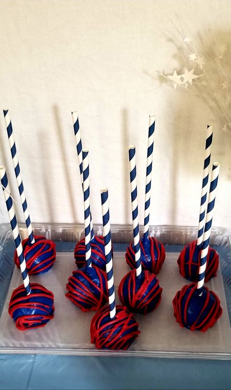 Blue and red cake pops Red And Blue Decorations Party Ideas, Red Blue Party Decorations, Red Blue And Silver Party Decorations, Blue And Red Birthday Party Decoration, Red And Blue Quinceanera Theme, Red And Blue Party Decorations, Navy And Red Graduation Party, Red And Blue Birthday Theme, Blue And Red Graduation Party Ideas