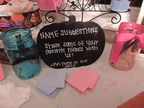 Name suggestion jar Gender Reveal Name Suggestions Signs, Gender Reveal Name Suggestions, Name Suggestions Gender Reveal, Gender Reveal Return Gift Ideas, Baby Name Suggestion Sign, Name Suggestions Baby Shower Ideas, Co-ed Baby Shower Games, Gender Reveal Party Food, Baby Shower Return Gifts