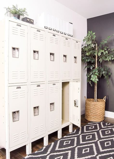 Farmhouse Office Space, Modern Farmhouse Office, Farmhouse Office Decor, Modern Industrial Farmhouse, Vintage Lockers, Office Lockers, Farmhouse Office, Modern Office Space, Industrial Style Decor