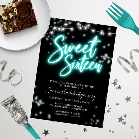 Sweet 16 Birthday Teal Neon Glow Dark Party Invitation Diy Birthday Invitations, Neon Birthday, Glow Birthday, Dark Party, Sweet 16 Gifts, Sweet Sixteen Parties, Sweet 16 Invitations, Neon Glow, Dinner Invitations