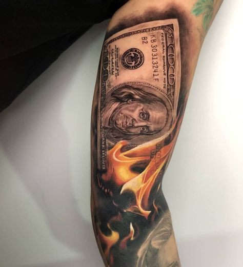 Money On Fire Tattoo, Money Power Respect Tattoo, Maffia Tattoo, Money Tattoo Ideas, Dollar Tattoo, Chest Tattoo Stencils, Instagram Tattoos, Inner Bicep Tattoo, Line Tattoo Ideas