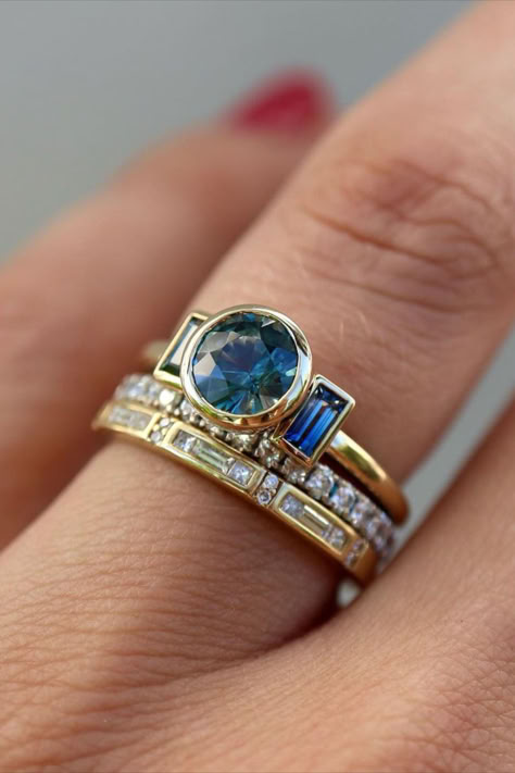 Pop The Question With A Pop Of Color: 16 Vibrant Engagement Rings Unusual Gemstone Rings, Unique Ring Designs Modern, Unique Colored Engagement Rings, Redesigned Rings Before And After, Sapphire Diamond Rings, Jewelry Redesign, Unique Sapphire Rings, Non Diamond Engagement Rings, Modern Diamond Rings