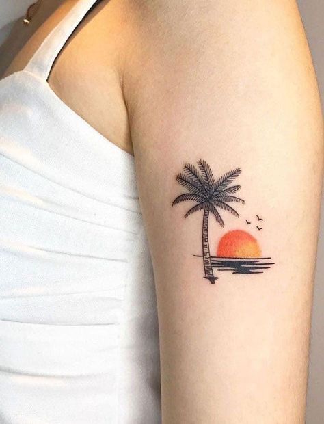 Coastal Tattoos For Women, Medium Tattoos For Women, Beach Tattoos For Women, Coastal Tattoos, Small Beach Tattoos, Here Tattoo, Tiny Bird Tattoos, Tropical Tattoo, Sunset Tattoo