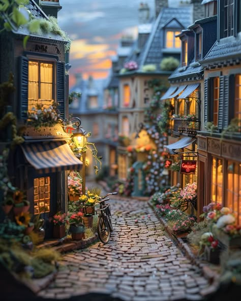 Miniature Parisian Street Diorama Tiny Diorama, Landscape Studies, Miniature Street, Cottage Village, Miniature Buildings, Romantic Essence, Miniature Village, Cardboard Cat House, Model Village