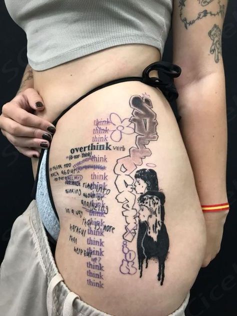 black and purple tattoo, graffiti tattoo, hip tattoo, negative space tattoo, text tattoo Too Poor Tattoos, Leg Tattoo Grunge, Tattoos Artistic Aesthetic, Tattoo Art Reference, Radiohead Minotaur Tattoo, Patchwork Tattoo Stomach, Genius Tattoo Ideas, Purple And Black Tattoo, Comic Strip Tattoo Ideas