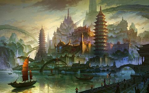 Fan Ming Concept Art and Illustration Creature Fantasy, Art Chinois, Asian Architecture, Drawing Wallpaper, Background Drawing, Fantasy City, Art Et Illustration, Matte Painting, Painting Digital