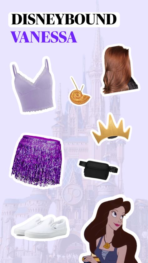 disneybound - disney world - disney land - disney parks - outfit - packing - magic kingdom - epcot - universal - princess - villian - inspired - vaness - the little mermaid - ariel - purple - gold - brunette - brown hair Vanessa Little Mermaid, Disney Park Outfit, Disney Outfit, Ariel The Little Mermaid, Disney Outfits, Magic Kingdom, Little Mermaid, Disney Parks, Purple Gold